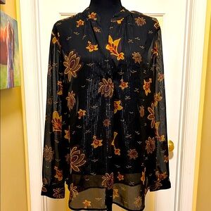 LOFT Black and Gold Shear Floral Blouse